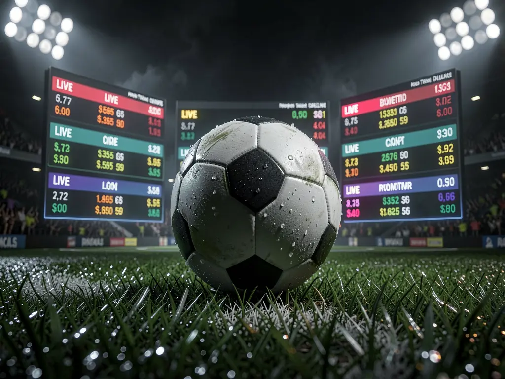 MT555 football betting page banner featuring a soccer ball on wet grass under dramatic stadium lights with glowing live odds graphics in a premium dark sports atmosphere