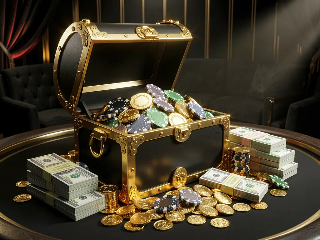 MT555 casino rewards scene featuring a golden treasure chest overflowing with chips, cash bundles, and sparkling coins in an elegant black and gold style with dramatic lighting