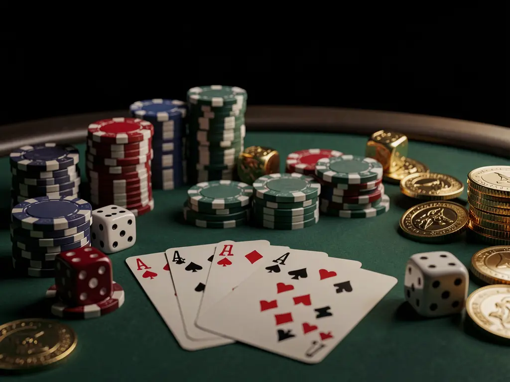 Close-up of an elegant MT555 casino table featuring poker chips, playing cards, dice, and gold coins under soft cinematic lighting against a luxury black background