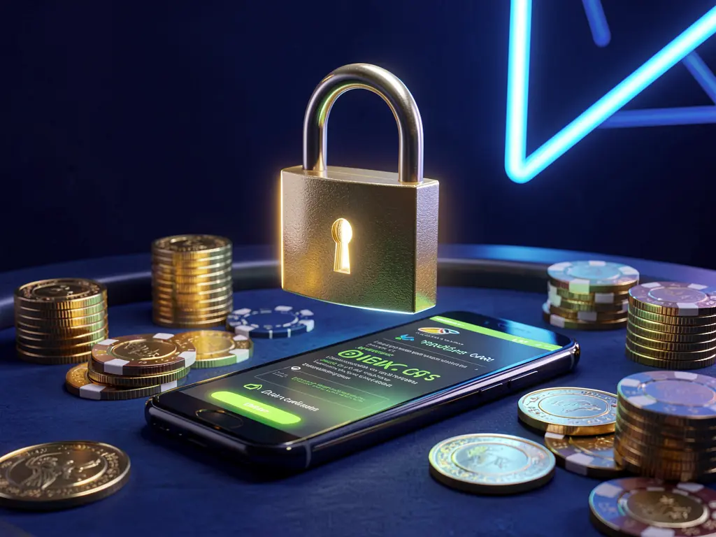 MT555 casino login security image showing a glowing padlock floating above a smartphone with golden coins and chips scattered around on a dark blue neon background